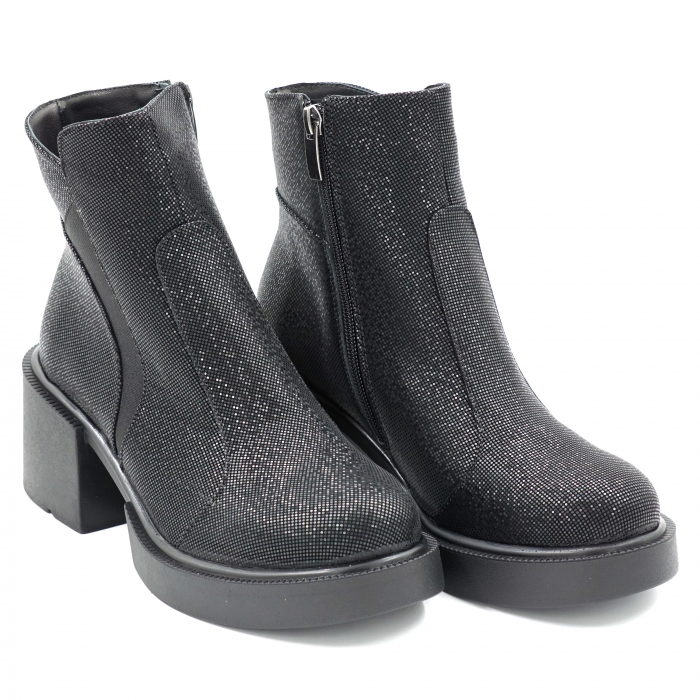 Ghete dama casual din piele naturala neagra cu imprimeu cu varf rotund si  toc mic gros 5 cm 70220-4-23 [3]