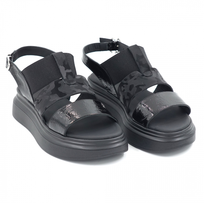 Sandale dama din piele naturala lacuita neagra si cu imprimeu militar negru cu varf rotund si talpa inalta 5 cm 2321-24  cu imprimeu miltar negru, talpa joasa 6 cm [3]