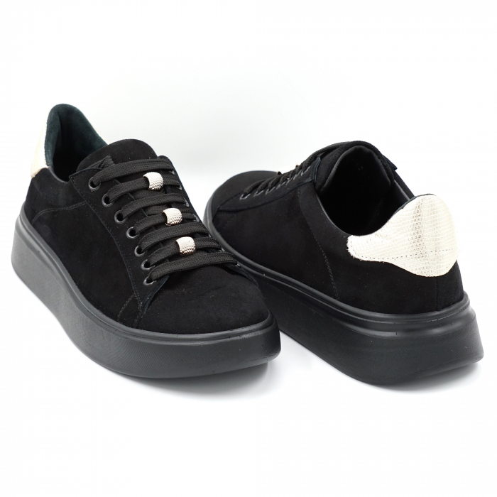 Pantofi dama tip adidas din piele naturala intoarsa neagra si aurie cu varf rotund si talpa 3 cm 63221-1-24 [2]