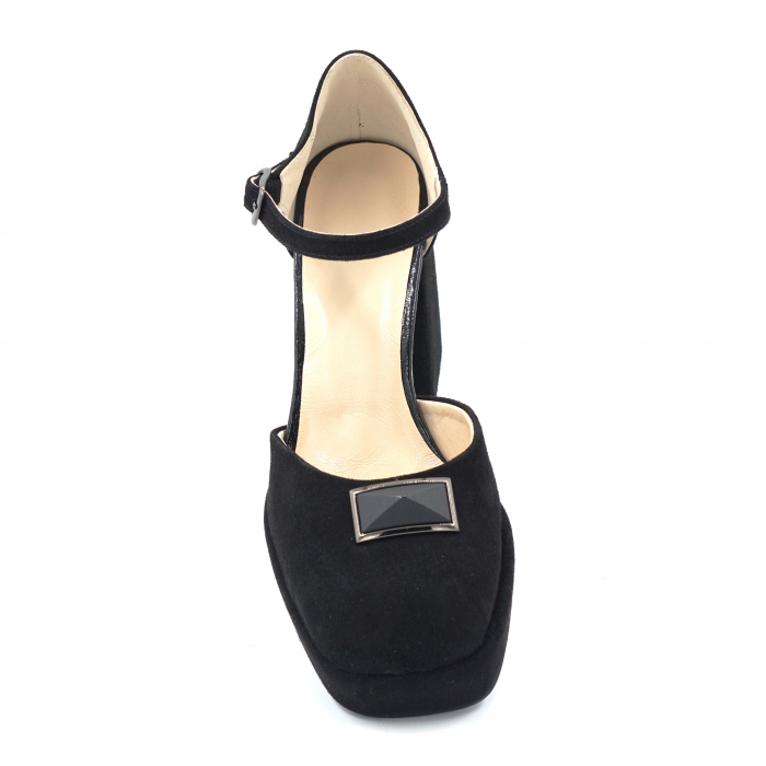 Sandale dama din piele naturala intoarsa neagra cu varf patrat, platforma 2 cm si toc inalt gros imbracat 9 cm 1053-24 [5]