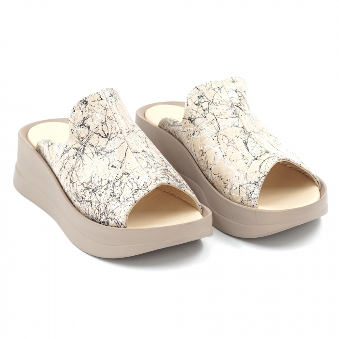 Papuci dama din piele naturala nude bej cu imprimeu cu varf rotund si talpa inalta 6 cm 1120-2-24 [2]