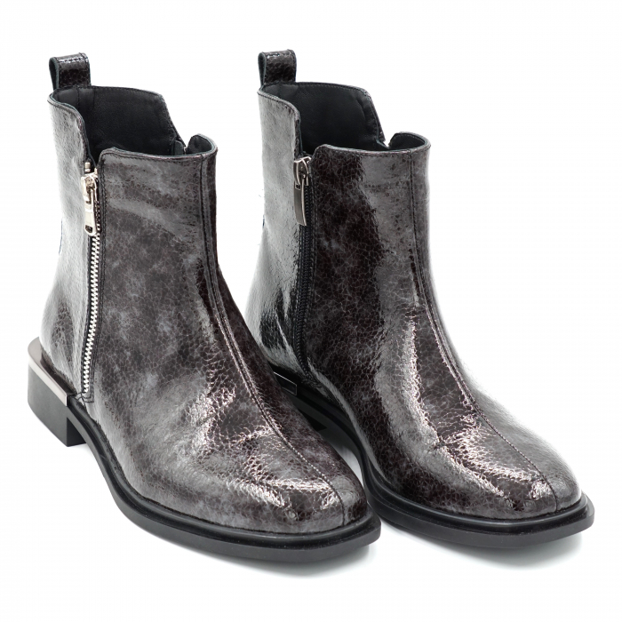 Ghete dama casual din piele naturala lacuita croc gri cu negru, cu fermoar metalic, cu varf rotund si talpa 3 cm  74921-23 [3]