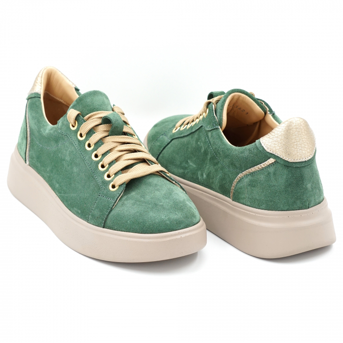 Pantofi dama tip adidas din piele naturala intoarsa verde crud si aurie cu varf rotund si talpa 3 cm 63621-1-24 [4]