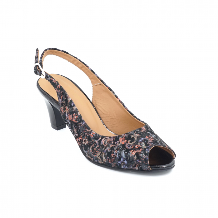 Sandale dama din piele naturala cu imprimeu floral cu varf rotund si toc mic gros 5 cm 1026-11-24 [2]