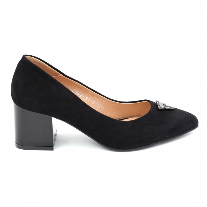 Pantofi dama din piele naturala intoarsa neagra cu varf ascutit stileto si toc mic gros 6 cm 51524-3-24 [4]