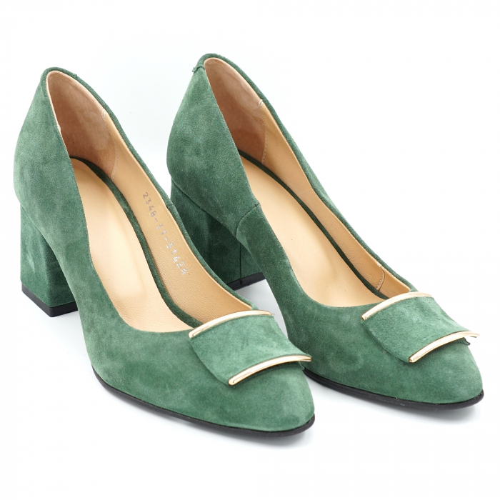 Pantofi dama din piele naturala intoarsa verde menta cu varf ascutit si toc mic gros imbracat 6 cm 51424-1-24 [4]