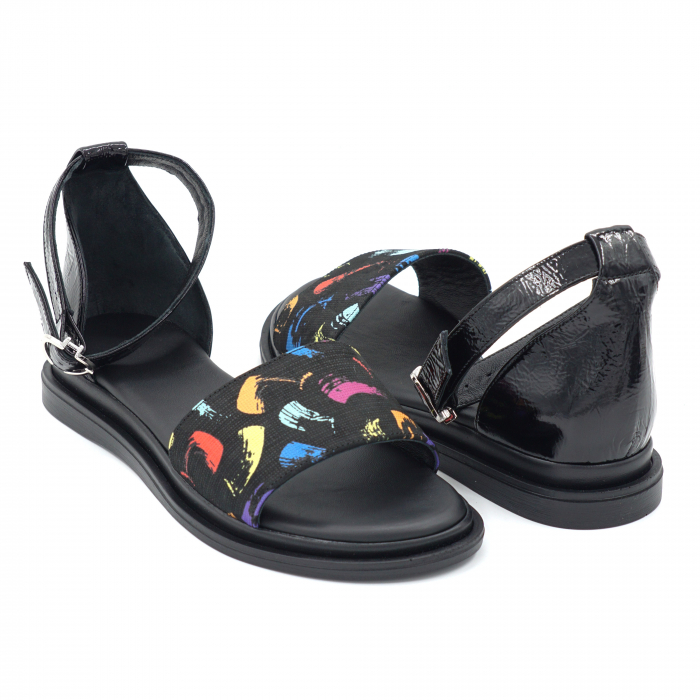 Sandale dama din piele naturala lacuita neagra si cu imprimeu multicolor cu varf rotund si talpa joasa 2 cm 4721-3-24 [4]