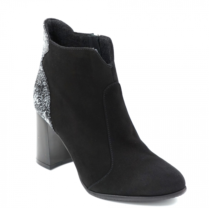 Ghete dama elegante din piele naturala intoarsa neagra si cu imprimeu gri cu negru, cu varf rotund si toc mediu gros 8 cm 71420-23 [2]
