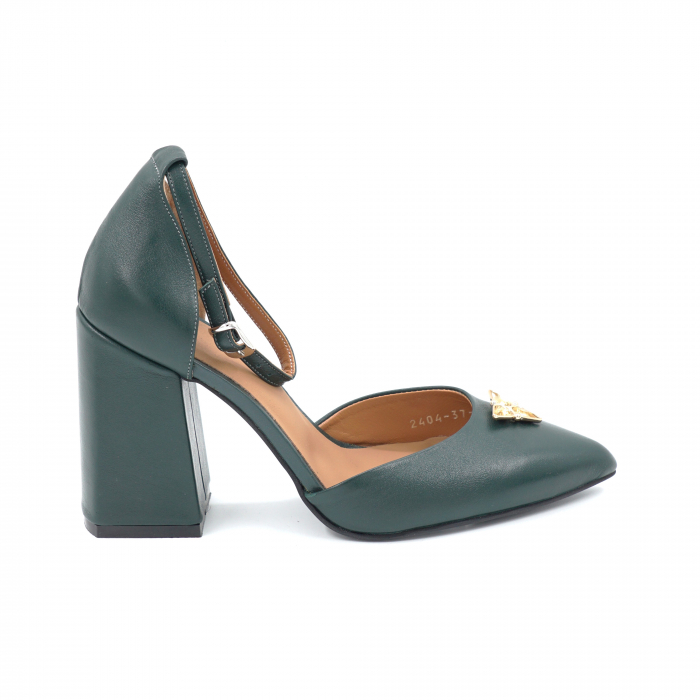 Sandale dama din piele naturala verde inchis smarald cu varf ascutit stileto si toc inalt gros imbracat 9 cm 1034-24 [3]