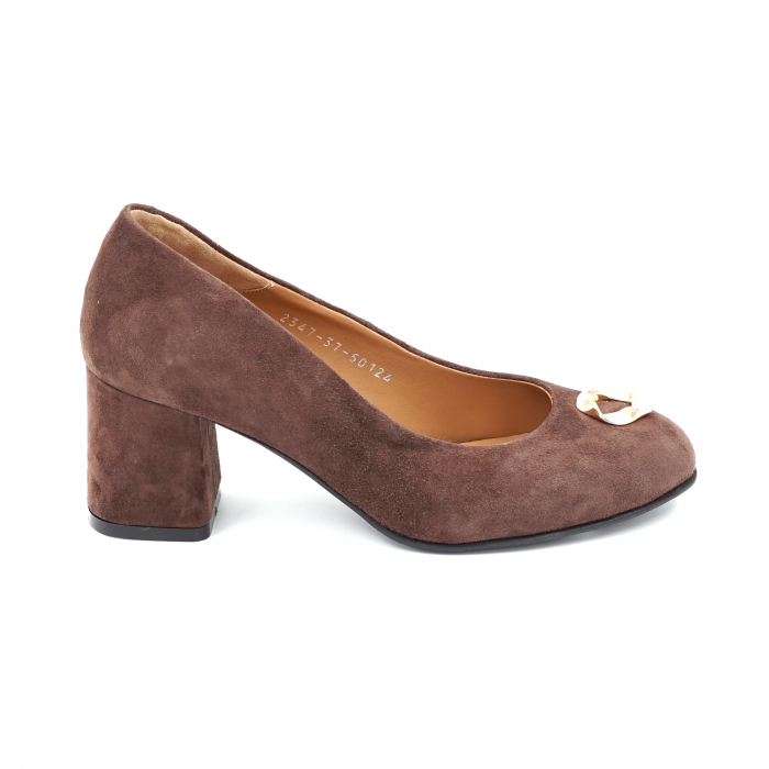 Pantofi dama din piele naturala intoarsa maro cu varf rotund si toc mic gros imbracat 6 cm 50124-24 [4]