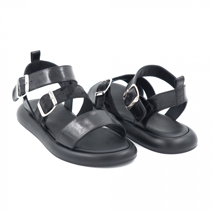 Sandale dama din piele lacuita neagra cu varf rotund si talpa joasa 2 cm 7420-24 [4]