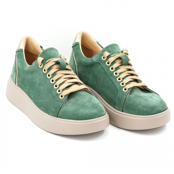 Pantofi dama tip adidas din piele naturala intoarsa verde crud si aurie cu varf rotund si talpa 3 cm 63621-1-24 [3]