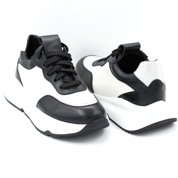 Pantofi dama tip adidas din piele naturala alba si neagra cu varf rotund si talpa 4 cm 51121-7-24 [2]