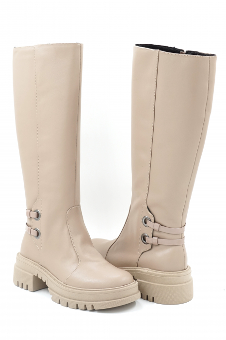 Cizme dama lungi casual din piele naturala bej si lac bej cu varf rotund, talpa 4 cm si accesorii metalice 74919-23 [2]