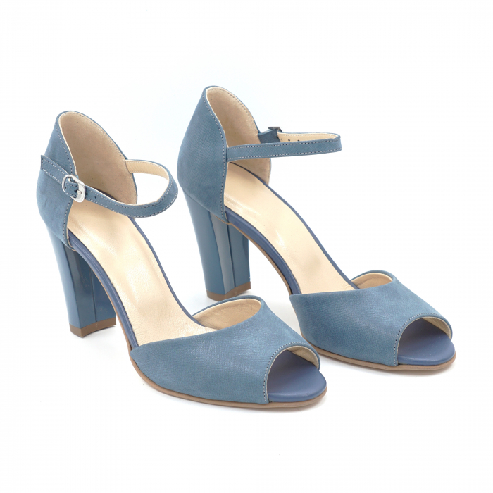 Sandale dama din piele naturala albastru deschis bleu metalizat cu varf rotund si toc mediu gros imbracat 8 cm 1065-3-24 [3]