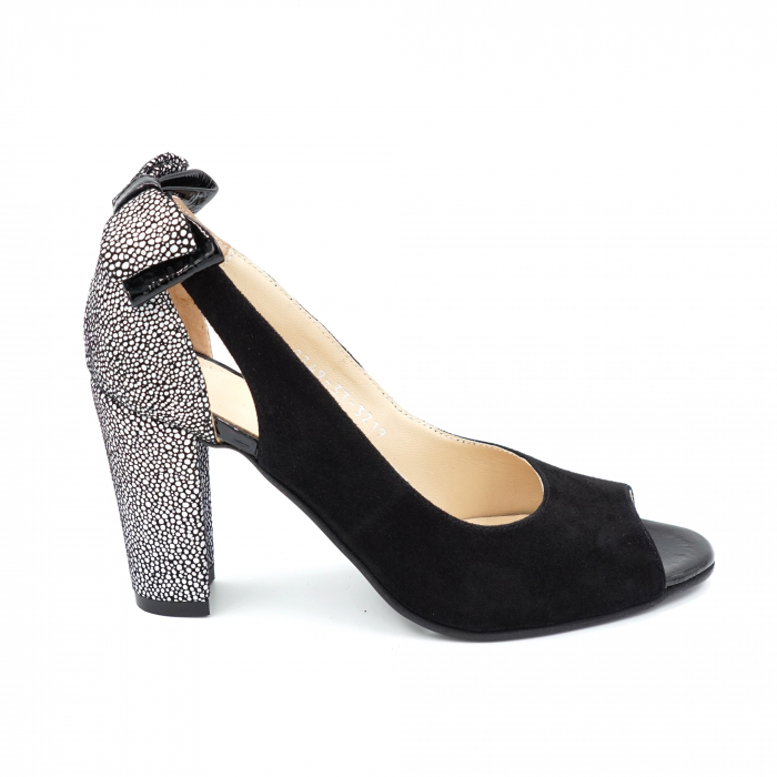 Pantofi dama decupati din piele naturala intoarsa neagra si cu imprimeu argintiu cu varf rotund si toc inalt gros 9 cm 3219-24 [3]