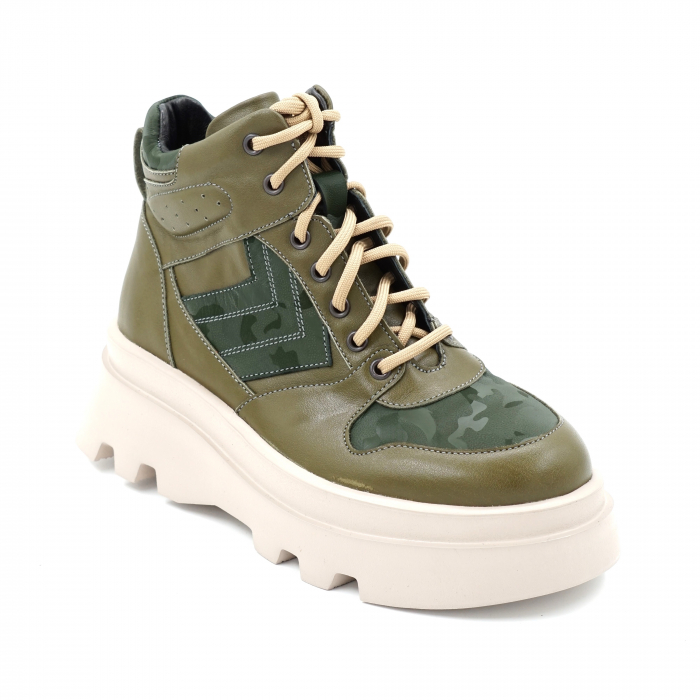 Ghete dama casual sport din piele naturala verde kaki si verde inchis smarald cu imprimeu militar 3D, cu varf rotund si talpa 5 cm 74221-23 [2]