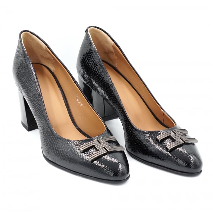 Pantofi dama din piele naturala neagra cu imprimeu croco cu varf rotund si toc mic gros 6 cm 50623-24 [2]