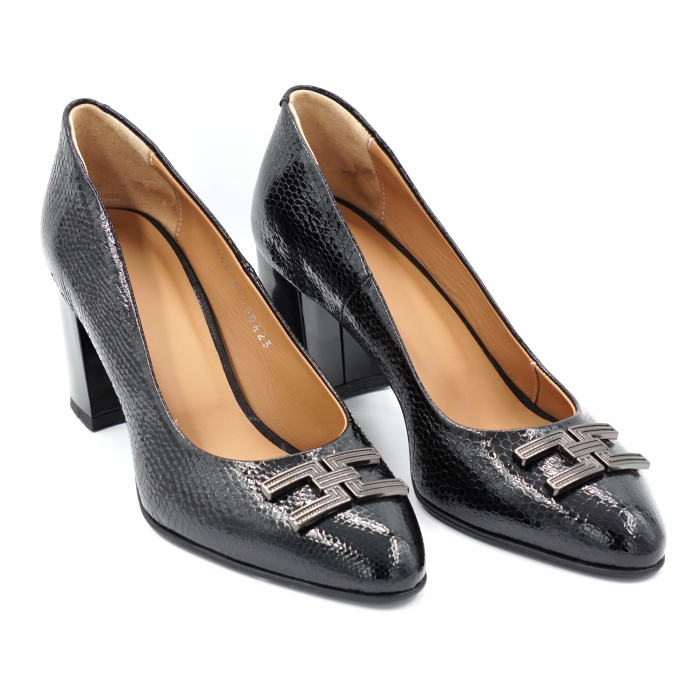 Pantofi dama din piele naturala neagra cu imprimeu croco cu varf rotund si toc mic gros 6 cm 50623-24 [2]