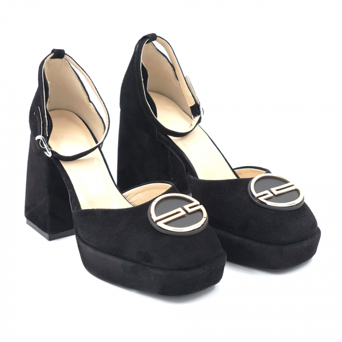 Sandale dama din piele naturala intoarsa neagra cu varf patrat, platforma 2 cm si toc inalt gros imbracat 9 cm 1083-24 [2]