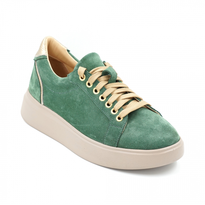 Pantofi dama tip adidas din piele naturala intoarsa verde crud si aurie cu varf rotund si talpa 3 cm 63621-1-24 [2]