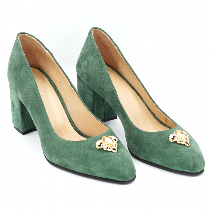 Pantofi dama din piele naturala intoarsa verde menta cu varf ascutit si toc mediu gros imbracat 7 cm 51324-24 [2]