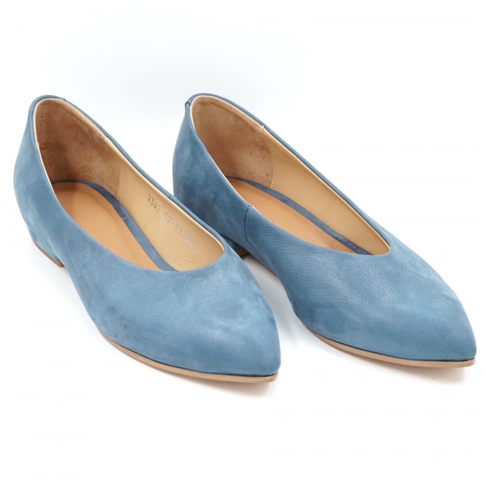 Pantofi dama tip balerini din piele naturala albastru bleu sidefat cu varf ascutit stileto si toc mic gros imbracat 1 cm 51724-24 [3]