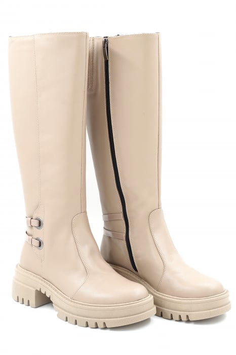 Cizme dama lungi casual din piele naturala bej si lac bej cu varf rotund, talpa 4 cm si accesorii metalice 74919-23 [3]