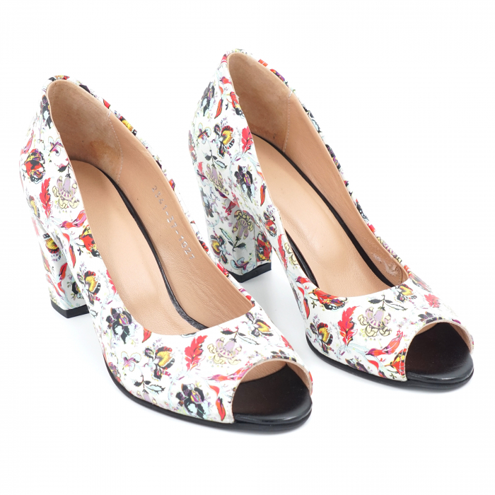 Pantofi dama decupati din piele intoarsa imprimeu floral cu varf rotund si toc mediu gros imbracat 7 cm 1027-2-24 [3]