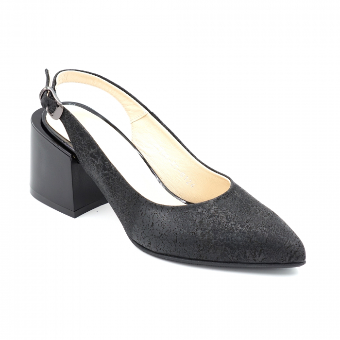 Sandale dama din piele naturala neagra texturata cu varf ascutit stileto si toc mic gros 6 cm 0124-3-24 [4]