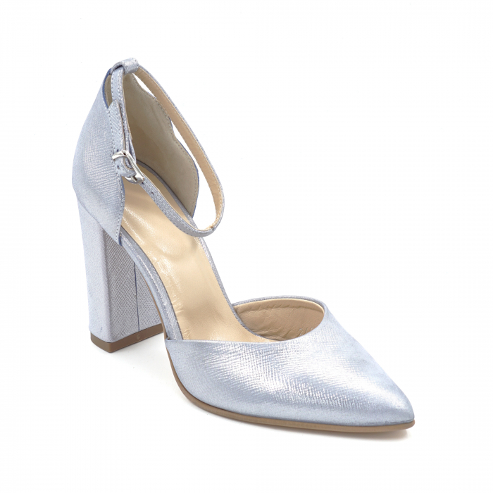 Sandale dama din piele naturala albastru bleu metalizat, cu varf ascutit stiletto si toc inalt gros imbracat 9 cm 1041-24 [2]