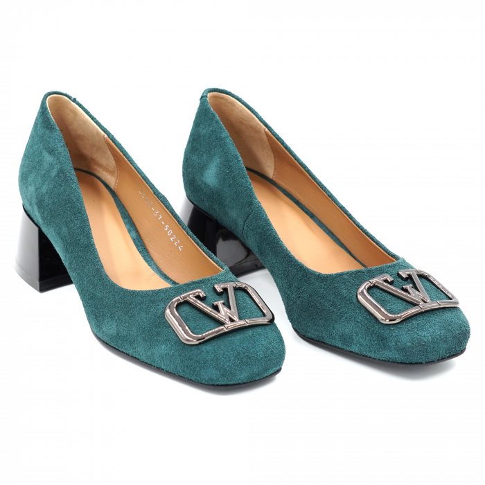 Pantofi dama din piele naturala intoarsa verde smarald cu varf patrat si toc mic gros 4 cm 50224-24 [2]