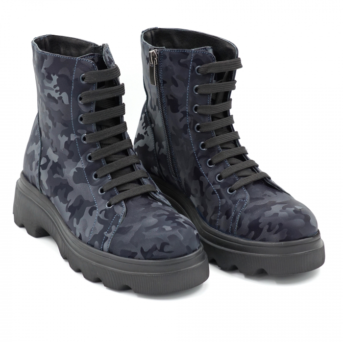 Ghete dama casual din piele naturala cu imprimeu bleumaren militar 3D cu varf rotund si talpa 3 cm  375221-23 [4]