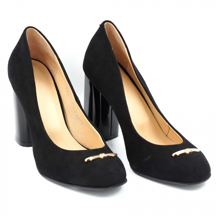 Pantofi dama din piele naturala intoarsa neagra cu varf rotund si toc inalt gros 9 cm 51624-1-24 [2]