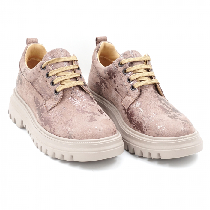 Pantofi dama casual din piele naturala bej cu insertii roze cu varf rotund si talpa 4 cm 50321-2-24 [3]