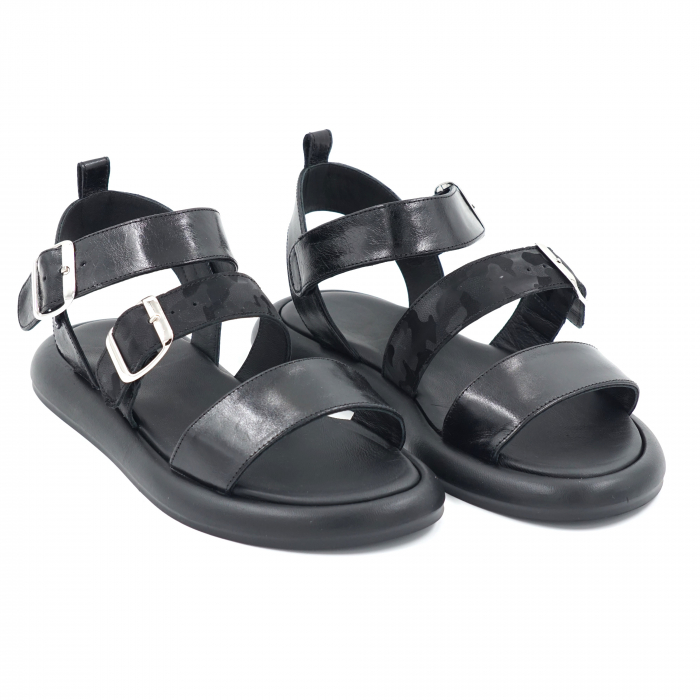 Sandale dama din piele lacuita neagra cu varf rotund si talpa joasa 2 cm 7420-24 [3]