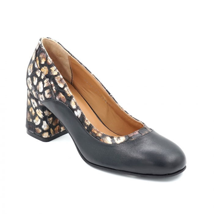 Pantofi dama din piele naturala neagra si cu imprimeu animal print cu varf rotund si toc mic gros imbracat 6 cm 50520-1-24 [2]