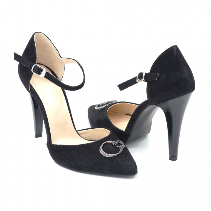 Sandale dama din piele naturala intoarsa neagra cu varf ascutit stileto si toc subtire inalt 10 cm 1074-24 [1]