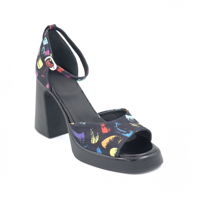 Sandale dama din piele naturala cu imprimeu multicolor cu varf patrat, platforma 2 cm si toc inalt gros 9 cm  1054-3-24 [2]
