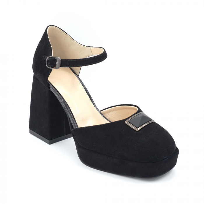 Sandale dama din piele naturala intoarsa neagra cu varf patrat, platforma 2 cm si toc inalt gros imbracat 9 cm 1053-24 [4]