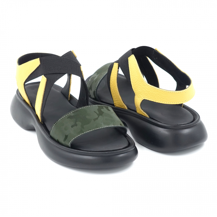 Sandale dama din piele naturala galben bizonat si verde inchis cu imprimeu militar cu varf rotund si talpa joasa 4 cm 1721-24 [5]