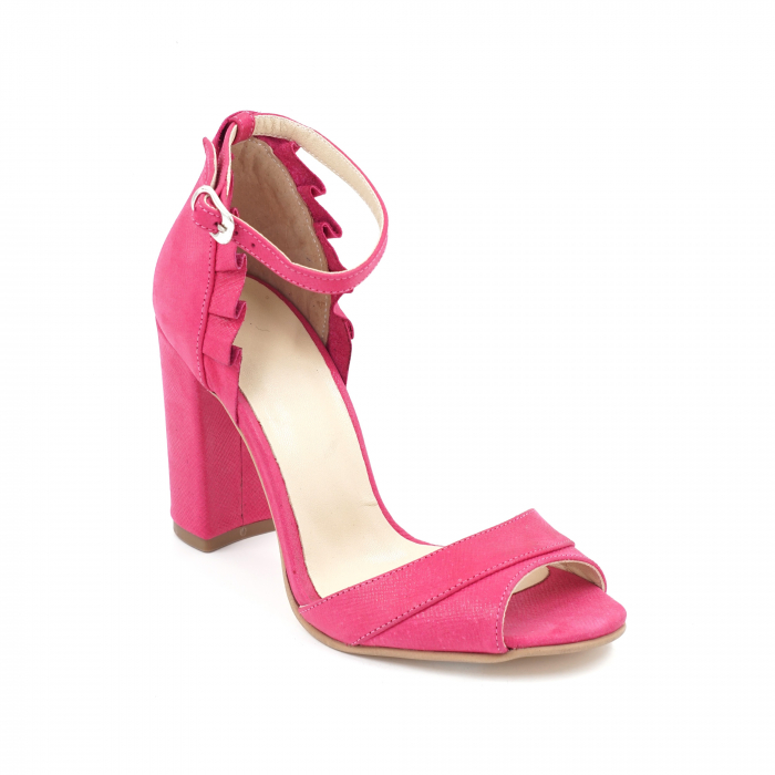 Sandale dama din piele naturala roz fucsia sidefat cu varf rotund si toc inalt gros imbracat 9 cm 5419-24 [2]