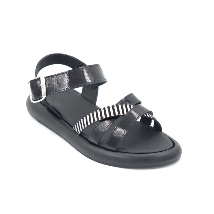 Sandale dama din piele naturala lacuita neagra si cu imprimeu dungi argintii cu varf rotund si talpa joasa 2 cm 3421-24 [2]