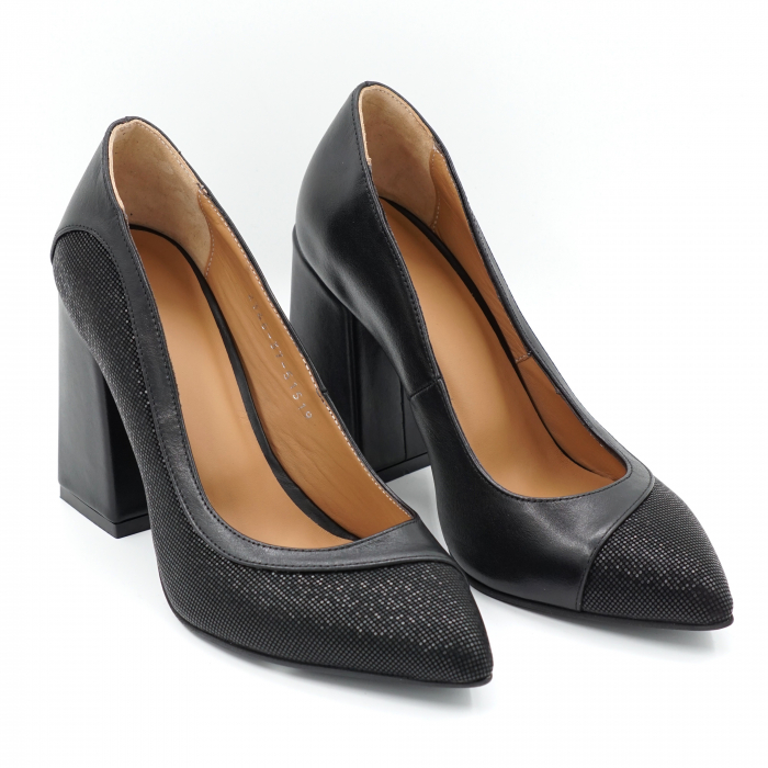Pantofi dama din piele naturala neagra simpla si cu imprimeu cu varf ascutit stileto si toc inalt gros 9 cm 51519-24 [3]