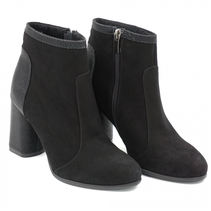 Ghete dama elegante din piele naturala intoarsa neagra si cu imprimeu cu varf rotund si toc mediu gros 8 cm  70520-23 [3]