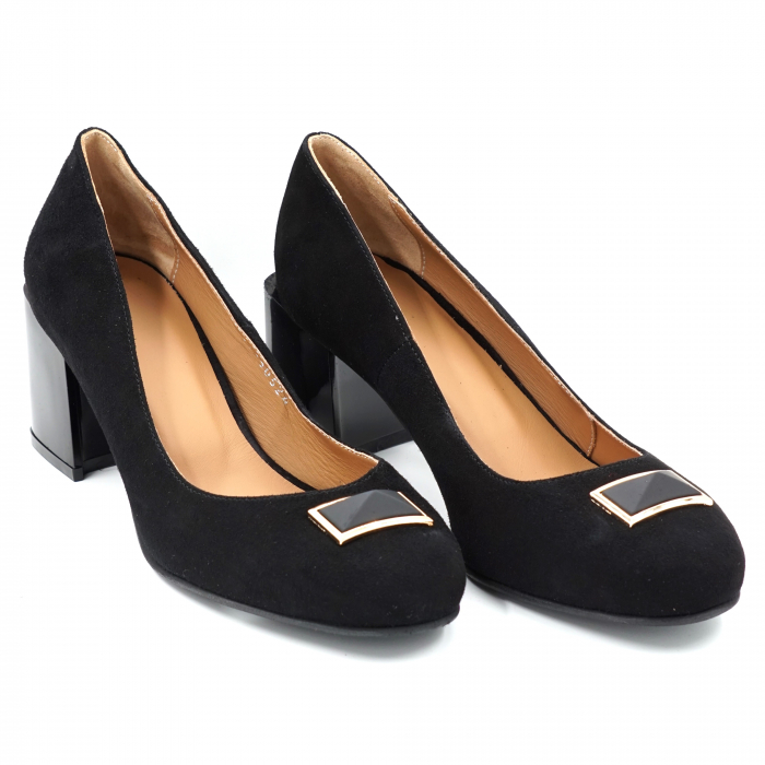 Pantofi dama din piele naturala intoarsa neagra cu varf rotund si toc mic gros 6 cm 50524-2-24 [2]
