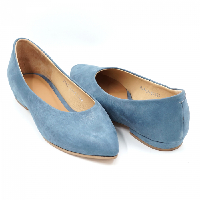 Pantofi dama tip balerini din piele naturala albastru bleu sidefat cu varf ascutit stileto si toc mic gros imbracat 1 cm 51724-24 [4]