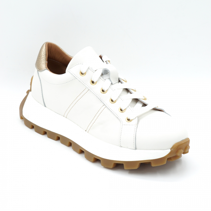 Pantofi dama tip adidas din piele naturala alba si auriu bizonat cu varf rotund si talpa 3 cm 50621-4-24 [2]
