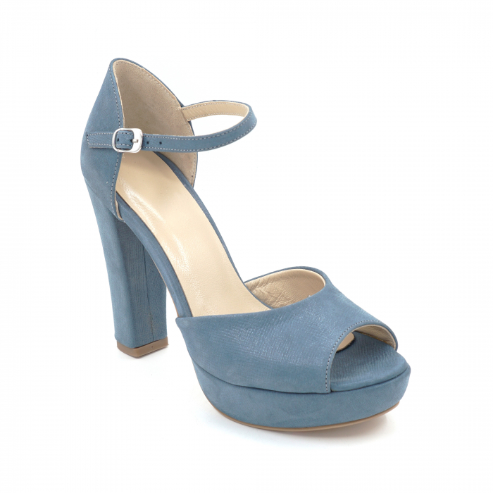 Sandale dama din piele naturala albastru deschis bleu metalizat cu varf rotund, platforma 2 cm si toc inalt gros imbracat 11 cm 1065-4-24 [2]