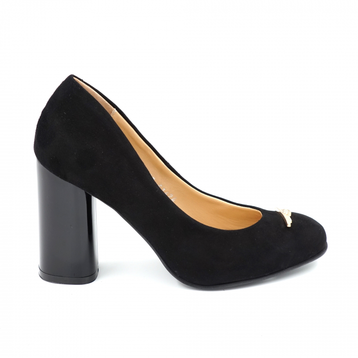 Pantofi dama din piele naturala intoarsa neagra cu varf rotund si toc inalt gros 9 cm 51624-1-24 [4]